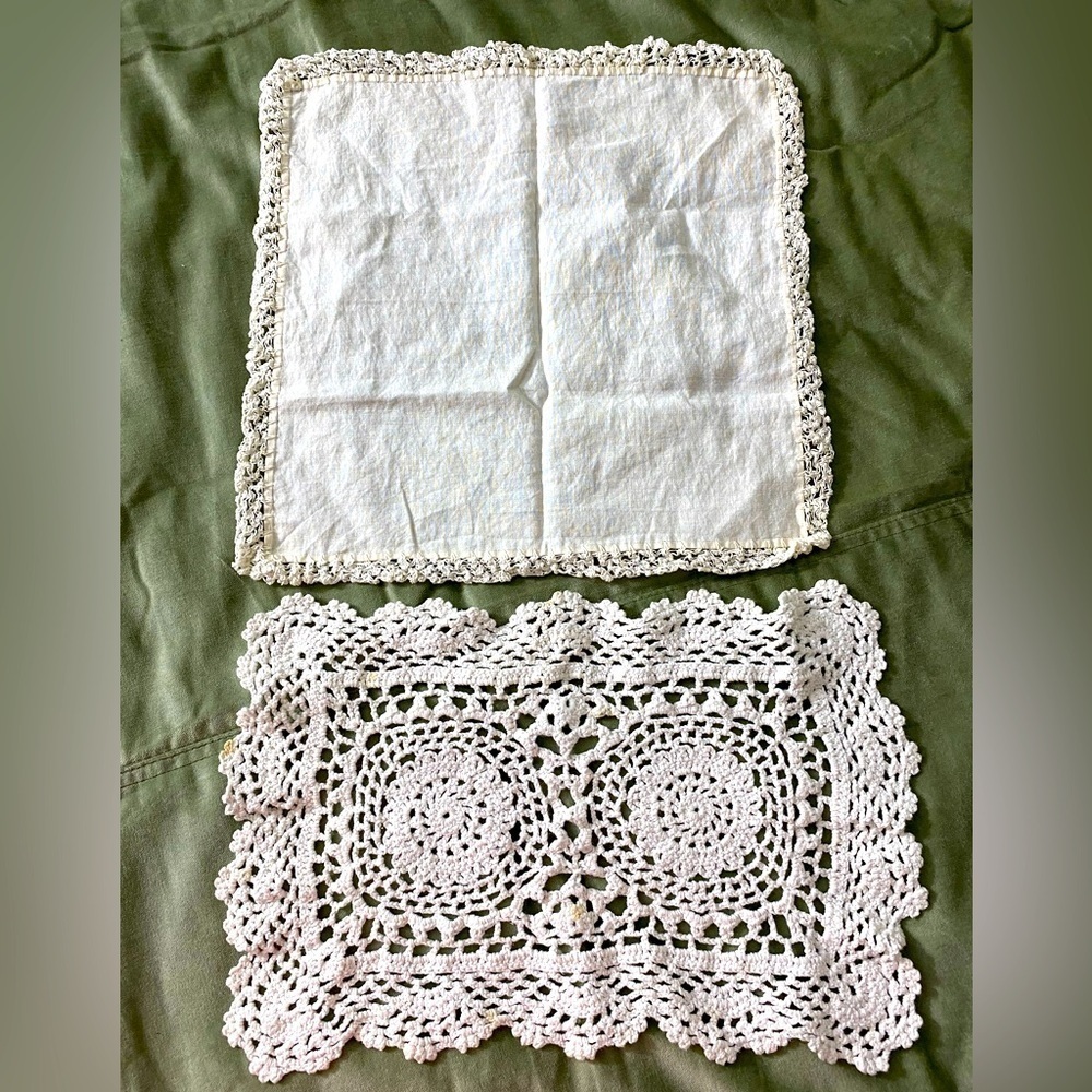 Vintage handkerchief with lace trim and crochet square doily both white #16
